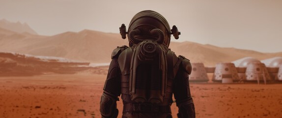Back view of astronaut wearing space suit walking on a surface of a red planet. Martian base and rover in the background. Mars colonization concept - obrazy, fototapety, plakaty