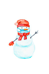 Hand drawn watercolor snowman with a protective face mask. New Year and Christmas 2021 concept