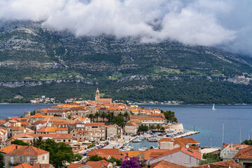 Panorama of Korcula, old medieval town in Dalmatia region, Croatia