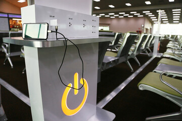 Mobile and battery charger station service in airport for support the passenger. Power station for...