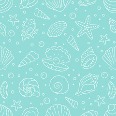 Seashell seamless pattern. Vector background included line icons as ocean sea shells, scallop, starfish, clam, oyster, nautical texture for fabric. White, blue color