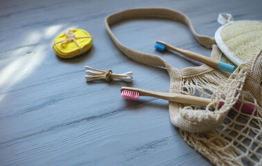 bamboo toothbrushes and sticks, reusable discs, loofah washcloth