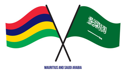 Mauritius and Saudi Arabia Flags Crossed And Waving Flat Style. Official Proportion. Correct Colors.