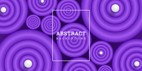 Abstract background 3D. Festive purple banner. Spheres and layered circles. Wallpaper realistic style. Vector illustration geometric forms. Design banner, postcard, cover, wallpaper.