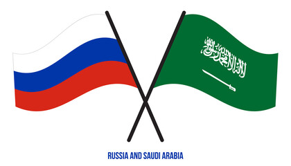 Russia and Saudi Arabia Flags Crossed And Waving Flat Style. Official Proportion. Correct Colors.