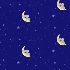 Little koala sleeping on the moon around stars childish pattern for textile,print, wrapping paper, baby shower vector illustration