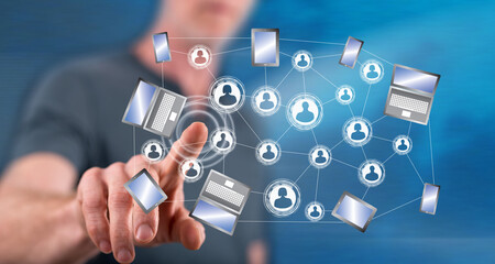 Man touching a social network connection concept