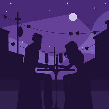 Romantic dinner with moon silhouette illustration. Characters in love sit restaurant table with candles in open area soft light purple light illuminates contours vector buildings beautiful cartoon.