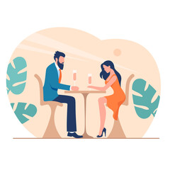 Romantic dinner at restaurant illustration. Happy characters are sitting at restaurant table with glasses of rose wine long awaited date of lovers beautiful flat relationship.