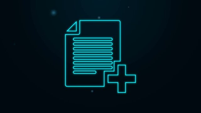 Glowing neon line Add new file icon isolated on black background. Copy document icon. 4K Video motion graphic animation.