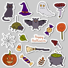 Happy Halloween sticker pack. Cat, hat, amanita, cauldron of potion, bat, candy, broom, pumpkin, leaves. Сoncept holidays. Hand drawn vector illustration in doodle style.