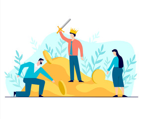 Businessman in crown with sword stands on pile gold concept. Successful character in position of winner king beside mountain flat coins next bowed employees,career wealth and vector excellence.