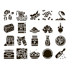 Soy Bean Food Product Glyph Set Vector. Agricultural Harvester Harvesting On Farm And Milk Package, Soy Sauce Bottle And Plant Glyph Pictograms Black Illustrations