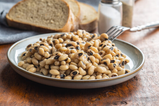 Marinated black eyed beans on plate.