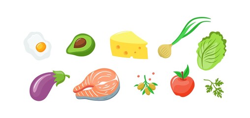 Appetizing food ingredients set. Fried salmon steak piece of yellow cream cheese fresh green onion half ripe avocado purple eggplant and olives red apple Beijing cabbage vector.