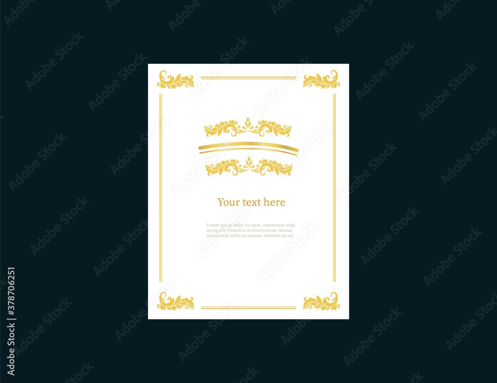 Poster sheet a4 empty with golden vintage frame template. retro banner ornate on sides with ornaments calli
