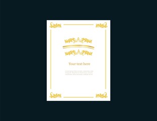 Sheet a4 empty with golden vintage frame template. Retro banner ornate on sides with ornaments calligraphic tracery in center blank center for your text magazine schedule Victorian vector laces.