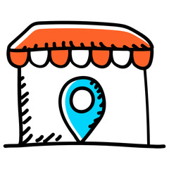 
Doodle design of map marker with shop building, concept of local marketplace
