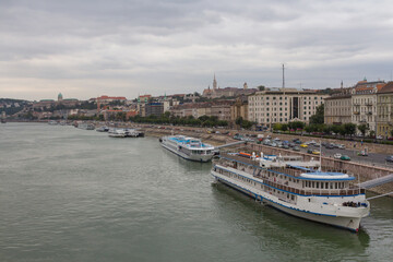 View of the Danube river embankment in Budapest at cloudy day. Hungary