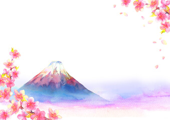 水彩で描いた富士山と桜の花の背景