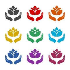 Hands holding lotus icon, color set