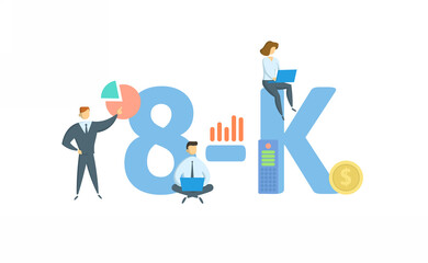 8-K, Form 8K . Concept with keyword, people and icons. Flat vector illustration. Isolated on white background.