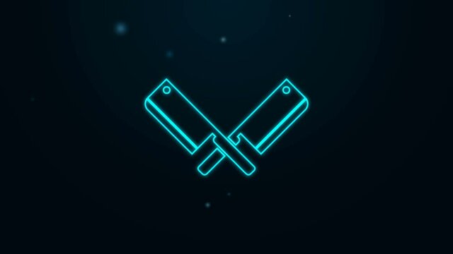Glowing neon line Crossed meat chopper icon isolated on black background. Kitchen knife for meat. Butcher knife. 4K Video motion graphic animation.