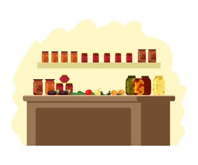 Fototapeta premium Food in jars and cans at home background. Jam from fruit and vegetables in cans at house kitchen. Homemade summer products for storage vector illustration. Empty pantry interior