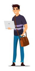 College or university student with laptop. Young happy man standing with bag isolated on white background. Higher academic education vector illustration. Smiling guy with positive attitude