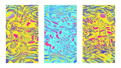 Bright cartoon pattern vector set. Psychedelic teal and yellow illusion, hippie curvature. Exotic art background abstract set
