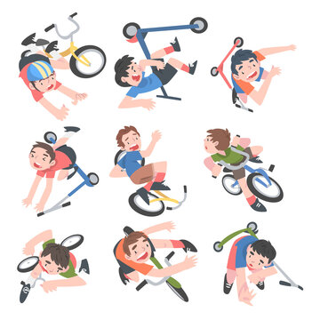 Kids Falling Down from Bikes Set, Traumatic Situations, Health Risk, Pain, Injury Cartoon Style Vector Illustration