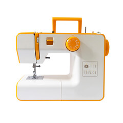 portable electric sewing machine with handle isolated on white background, white and orange color sewing machine