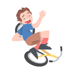 Frightened Boy Falling from Bike, Traumatic Situation, Health Risk, Pain, Injury Cartoon Style Vector Illustration