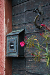 Antique Letterbox on a Door with pink Flowers