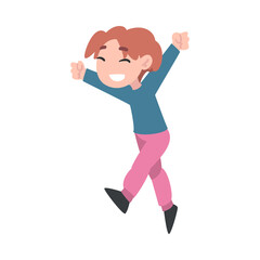 Fototapeta na wymiar Little Girl Jumping with Raising Hands, Cute Happy Kid Having Fun Cartoon Style Vector Illustration