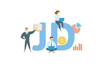 JD, Juris Doctor. Concept with keyword, people and icons. Flat vector illustration. Isolated on white background.