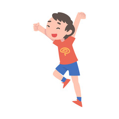 Fototapeta na wymiar Little Boy Happily Jumping, Happy Smiling Preschooler Kid Having Fun Dressed Casual Clothes Cartoon Style Vector Illustration