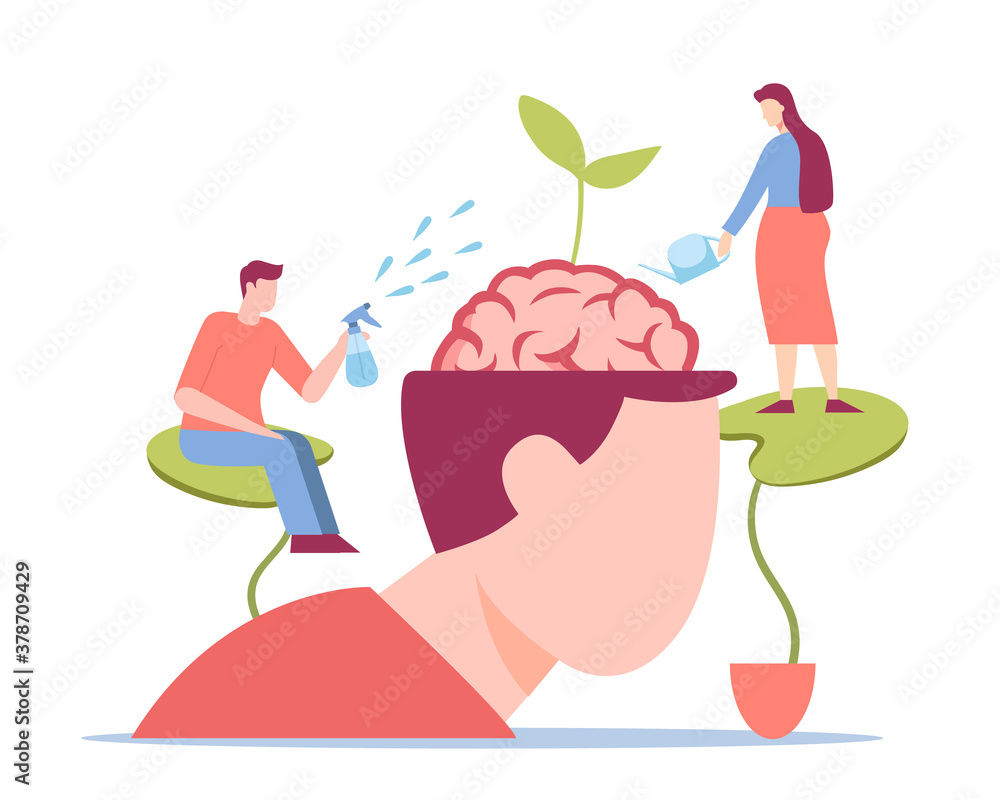 Poster intelligence growth concept. gradual psychological development of character accurate watering with n