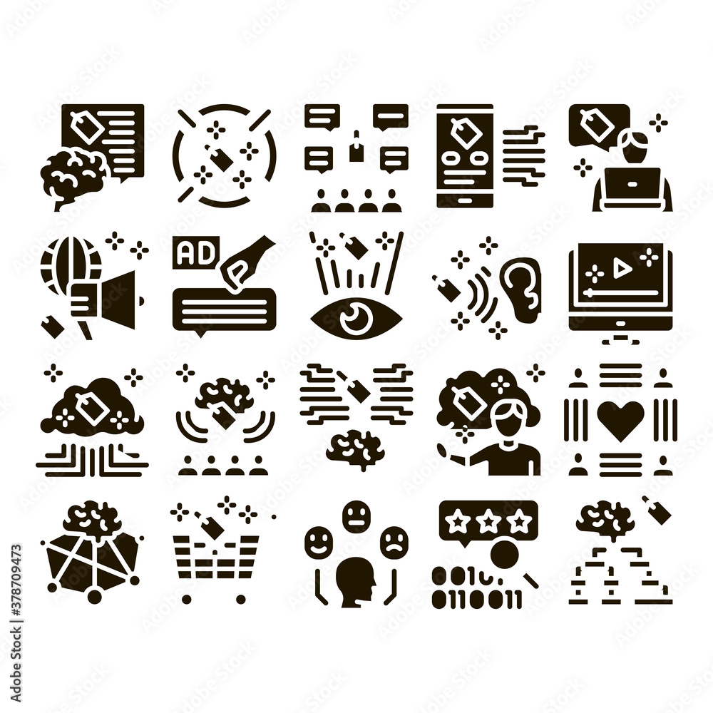 Aufkleber neuromarketing business strategy icons set vector. neuromarketing technology and research binary cod