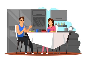 Happy couple eating dinner at home. Young family at kitchen sitting at table together. Love and romance at house vector illustration. Modern interior design of dining room