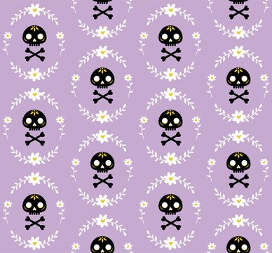 Seamless pattern with skull and bones surrounded by a wreath of flowers. Cute pattern in flat style with human scoop painted in calavera style. For wallpaper, backgound, wrapping paper, textile.
