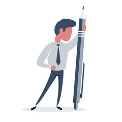 Vector cartoon illustration of Man holding a large pen. Artist with writing instrument. Designer at work. Drawing and painting lesson. Signature. Human male character on white background.