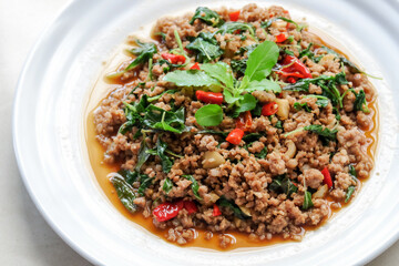 Stir Fried Pork with Basil. Thai traditional menu Phat kaphrao