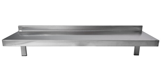 Metal industrial kitchen shelf of stainless steel isolated on white