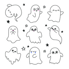 Pack of contour vector cute Halloween ghosts  - 378710032