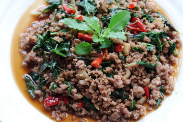 Stir Fried Pork with Basil. Thai traditional menu Phat kaphrao