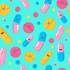 Funny pills seamless pattern. Red yellow cute smiling medicines pink blue antibiotic capsules fighting infections and viruses vector human health pharmaceutical kit.