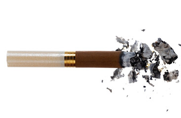 Lit brown cigarette isolated on white background