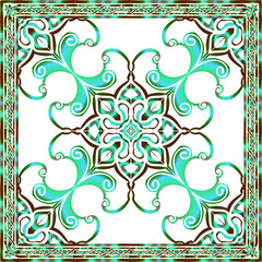 Decorative abstract colorful background, geometric floral doodle pattern with ornate lace frame. Tribal ethnic ornament. Bandanna shawl fabric print, silk neck scarf or kerchief design