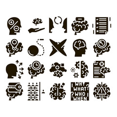 Dementia Brain Disease Glyph Set Vector. Dementia Mind Degenerative Illness, Memory Loss And Poor Speech Pronunciation Glyph Pictograms Black Illustrations